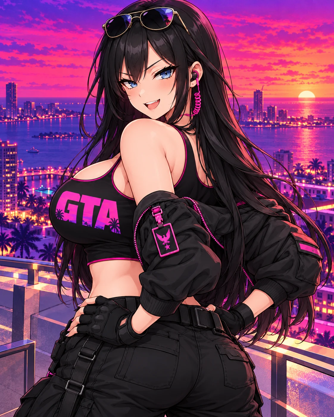 GTA agent overlooking the neon city from a rooftop